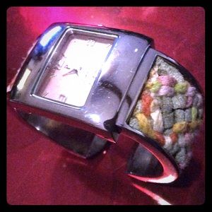 P fabric multicolor band silver tone face watch.